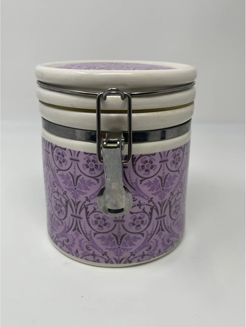 Vintage Purple Floral Ceramic Jar Canister Storage Container Wire Metal Clamp